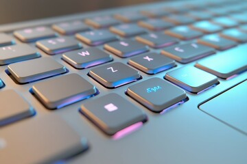 Closeup of a modern computer keyboard with backlit keys