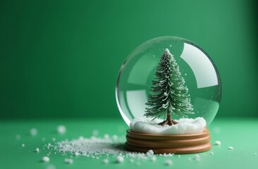 A glass Christmas ball with a Christmas tree inside on a solid green background.