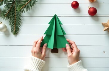 An overhead view of a woman's hands in a white sweater holding an origami paper Christmas tree against a white wooden table.