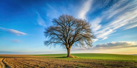 Forced perspective tree without leaves in field against sky