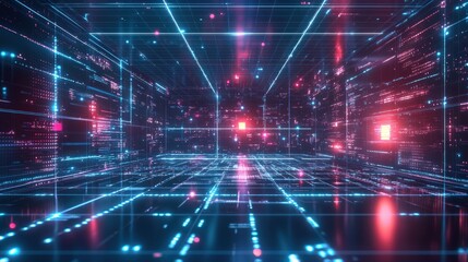 Futuristic digital cityscape with glowing neon lights and data streams