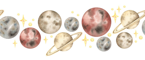 Wall Mural - Space watercolor hand-drawn horizontal seamless pattern with planets and stars. Cute cartoon print for kids on white background