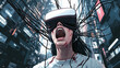 © Steve - A beautiful woman is wearing virtual reality glasses and has many wires connected to her head, which adds energy to the device in comic book style, she screams with fear, cyberpunk city background, an