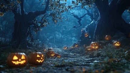 Wall Mural - mysterious forest with halloween pumpkins at night