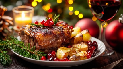 Roast beef Christmas dinner with holiday decorations and wine