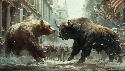 bull and bear markets, abstract fight between bull and bear, stock market, concept