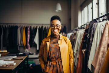 Portrait of a smiling female fashion designer in store