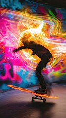 A dynamic skateboarder performs tricks against a vibrant, colorful background, showcasing energy and motion in urban art.