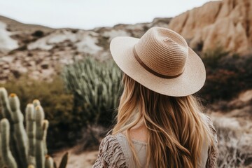 Exploring desert landscapes: woman with straw hat in arid scenery