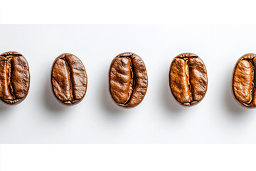 Banner with different types fresh roasted Arabian aroma coffee beans isolated on white background. Love organic coffee concept. Top view, flat lay with copy space