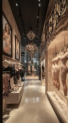 Wall Mural - A luxurious retail interior showcasing elegant clothing displays and artistic decor, perfect for fashion and shopping themes.