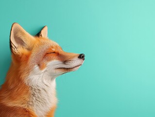 Close-up of a fox against a turquoise background, showcasing its expressive features.