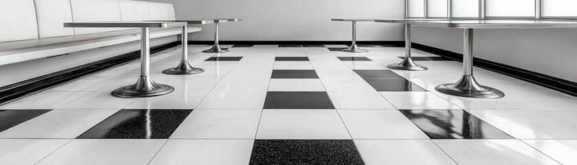 Retro Diner Checkerboard Floor, Black and White Tile Flooring with Worn Finish, Vintage Restaurant Interior Design Inspiration