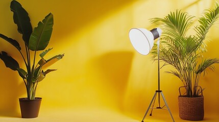 A photo studio setup with a light and softbox and two plants against a yellow backdrop.