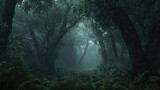 Mystical Foggy Forest with Tall Trees