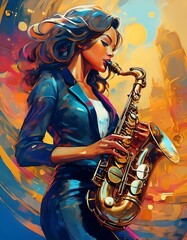 Wall Mural - Vibrant painting of a beautiful woman playing the saxophone, set against a colorful abstract background, jazz music themed