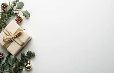 A minimalist, white background with some Christmas decorations and gift boxes with golden ribbons, top view, flat lay