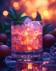 Refreshing tropical cocktail with ice cubes and plant garnish