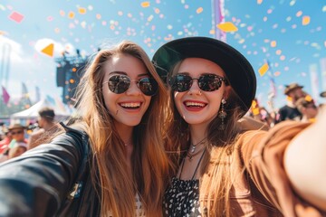 Stylish cheerful girl friends in black hat embracing and taking selfie on mobile phone in bright day at decorated arena on festival