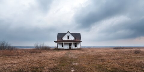 A solitary abandoned house stands in an open field under a dramatic sky, evoking feelings of isolation and mystery.