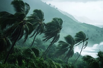 Palm trees bend in the wind in the rain