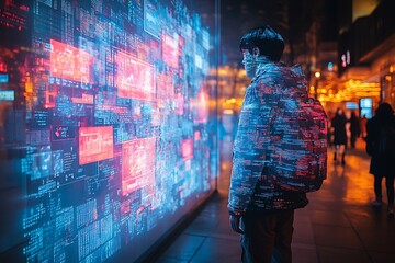 a man immersed in a futuristic city, observing glowing data screens.