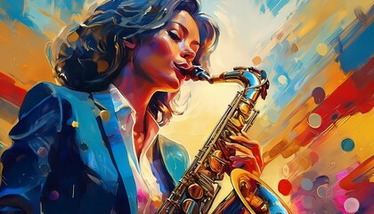 Wall Mural - Vibrant painting of a beautiful woman playing the saxophone, set against a colorful abstract background, jazz music themed