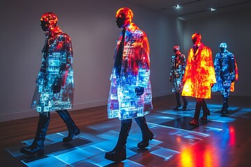 Mannequins showcasing futuristic fashion with digital projections.