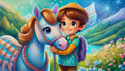 Poster - oil painting style cartoon character illustration  A little boy hugs a white horse 