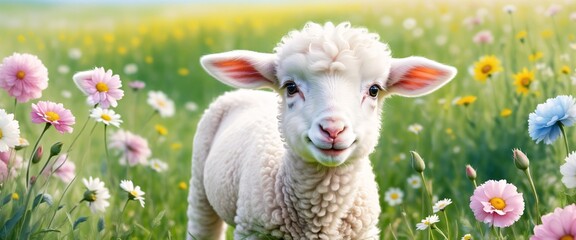 White sheep on green grass floral meadow