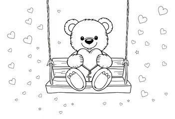 Teddy Bear on Swing Holding Heart Valentine s Day Coloring Page