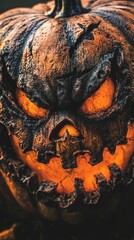 Wall Mural - close up portrait of a spooky halloween jack o lantern with an angry expression and a smiling orange