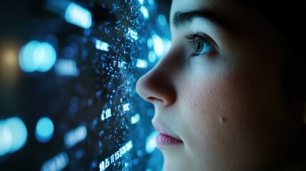 close-up of a person's face with digital data overlay