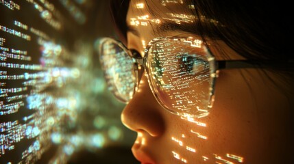 person wearing glasses with computer code reflection