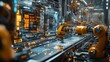 © Paul - Robots in a looped assembly line creating AI-driven tech devices, dynamic lighting, chrome and glass materials, with holographic overlays, Futuristic, 3D modeling