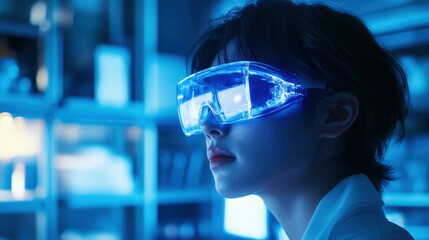 Wall Mural - young person wearing futuristic virtual reality goggles