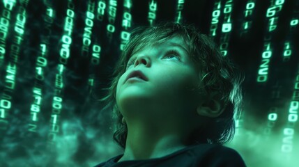 person looking up at digital code