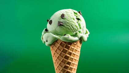 a scoop of mint chocolate chip ice cream in a waffle cone on a green background sweet and refreshing