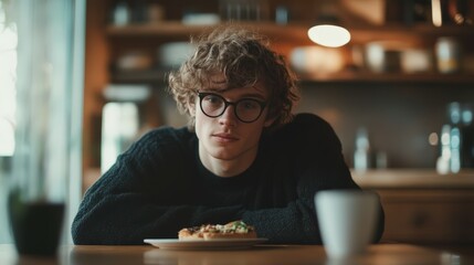 young man with glasses sitting at a table in a cafe