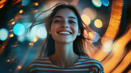 Joyful woman with windblown hair