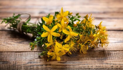 st john s wort plant on old wooden background