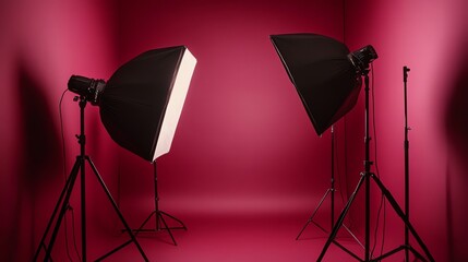 Two studio lights with softboxes are set up in a room with a pink backdrop.