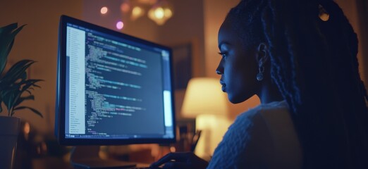 Programmer working on computer code in dark room