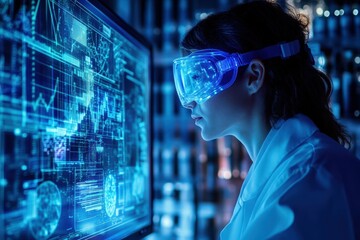 Woman using futuristic virtual reality headset