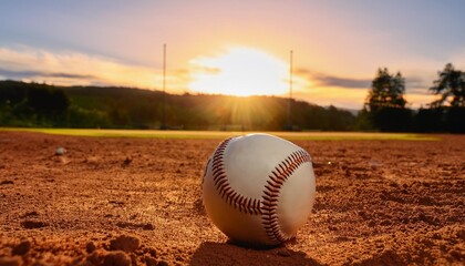 softball on dirt field with sunset in background