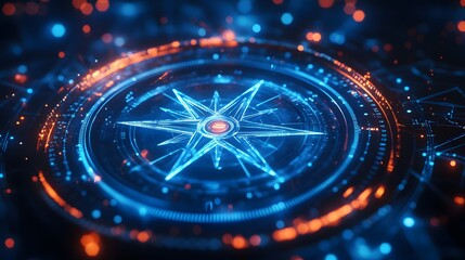 Wall Mural - Light blue holographic compass representing digital navigation, featuring glowing particles and circular data visualization, set against an abstract background with a sci-fi aesthetic.