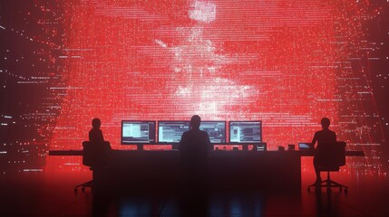 Silhouettes of computer programmers working in a futuristic data center