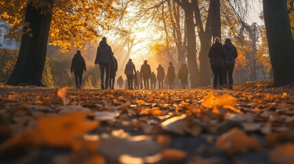 people walking in a beautiful autumn forest