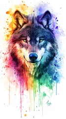  Watercolor wolf face design with a colorful splash background, vector illustration