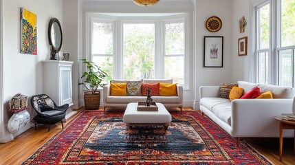 A living room with two white sofas, a colorful rug, and a fireplace.